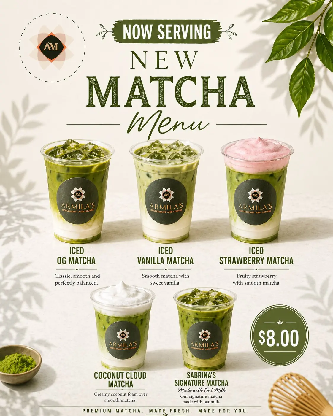 Armila's matcha menu – now serving five new matcha drinks